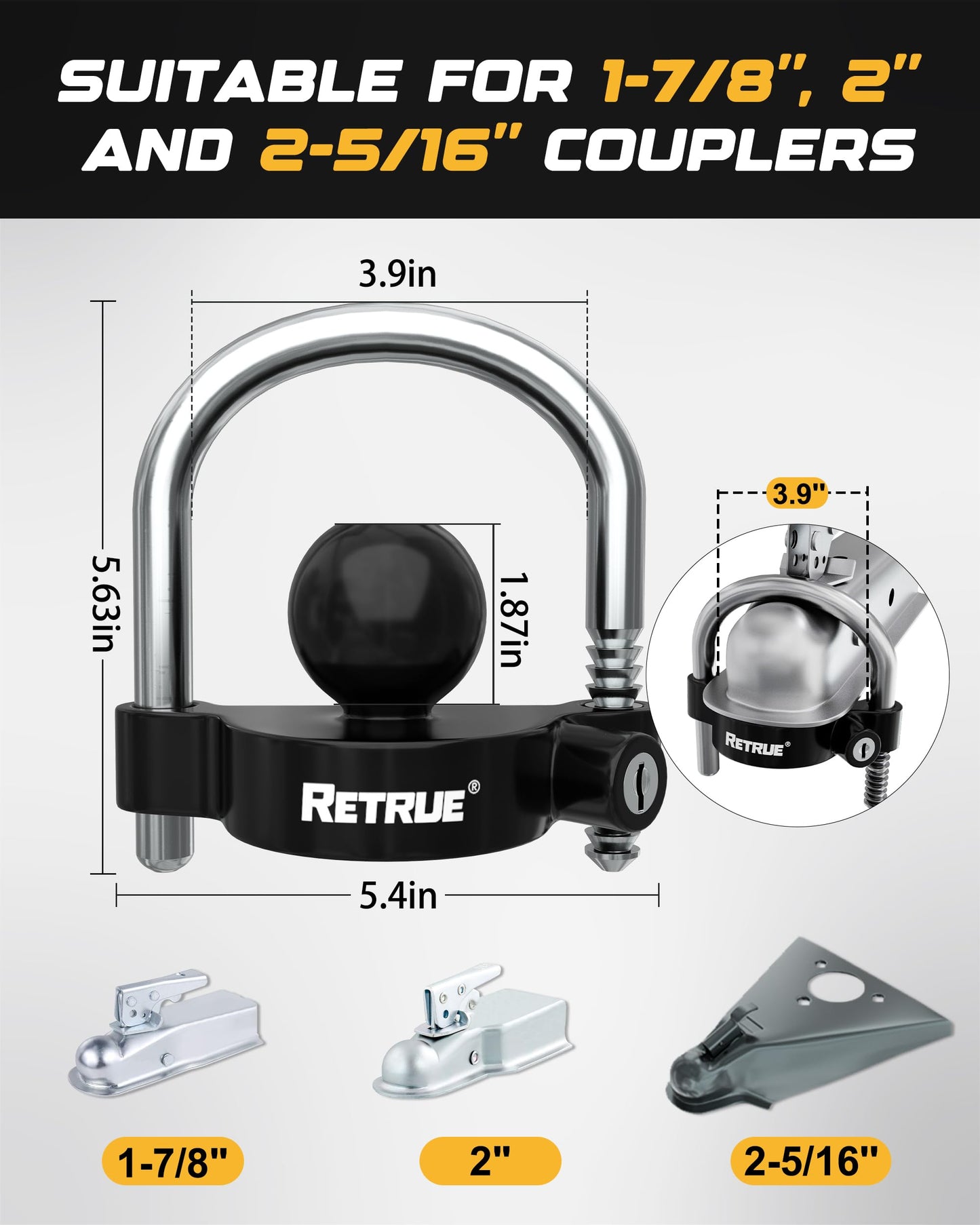 RETRUE Keyed Alike Trailer Lock Set Tow & Store Lock Kit Include Universal Coupler Lock & Dual Hitch Receiver Pin Lock & Trailer Tongue Coupler Lock Set, Black