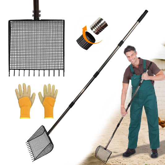 Chicken Poop Scooper & Rake 2-in-1 Metal Coop Shovel,Adjustable Stainless Steel Handle,Cleaning Tools for Chicken Coops & Farm Animals Scoop for Litter Scooper Sand Sifting Shovel Chicken Coops