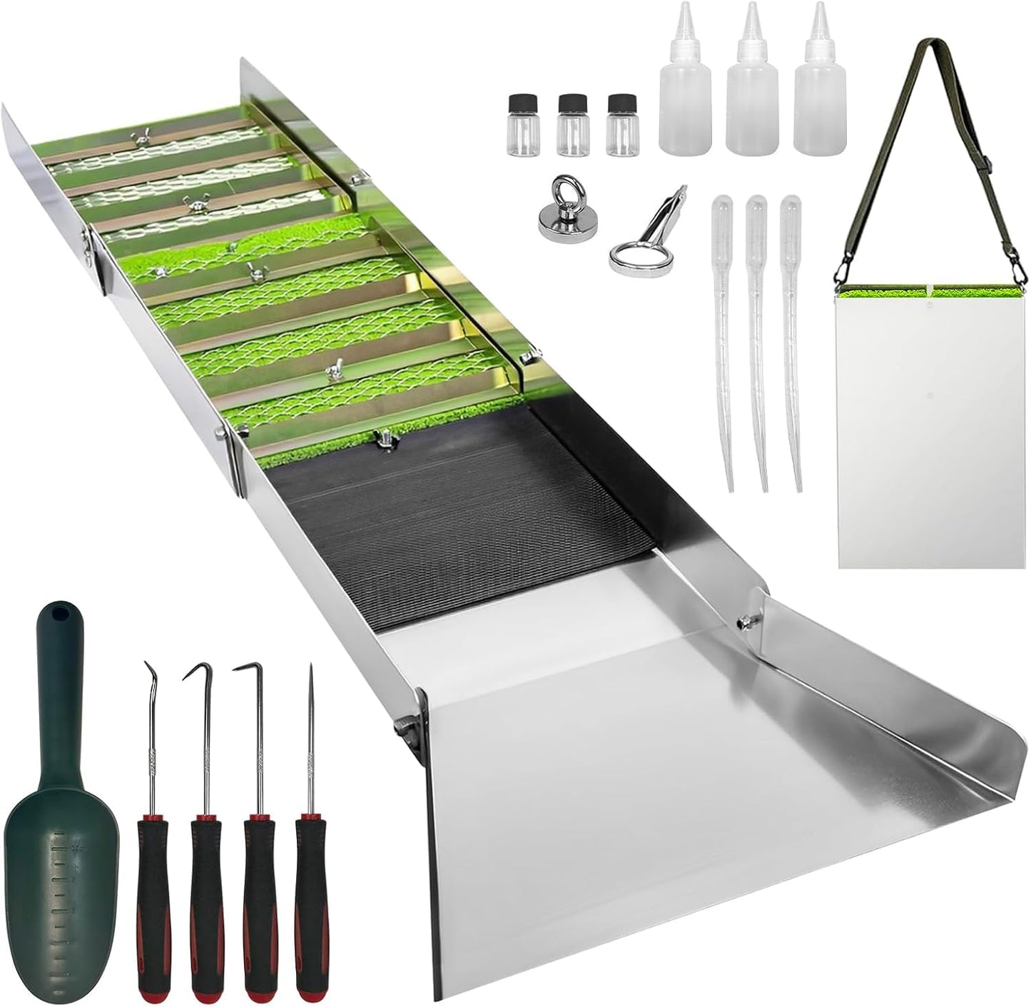 50" Complete Sluice Box Gold Panning Kit, 19pcs Folding Aluminum Alloy Gold Mining Kit, Gold Prospecting Equipment with Gold Pan, Classifier Screen and More, Lightweight Sluice Boxes for Gold Mining