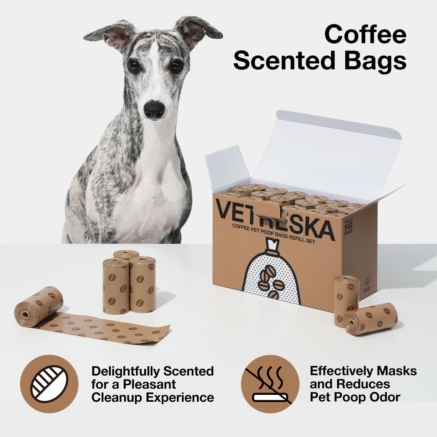 VETRESKA Dog Poop Bags, 540 Count Coffee Scented Waste Bags, Leak Proof, Extra Thick, Large Dog Pet Bags for Dogs and Cats -(36 Rolls)