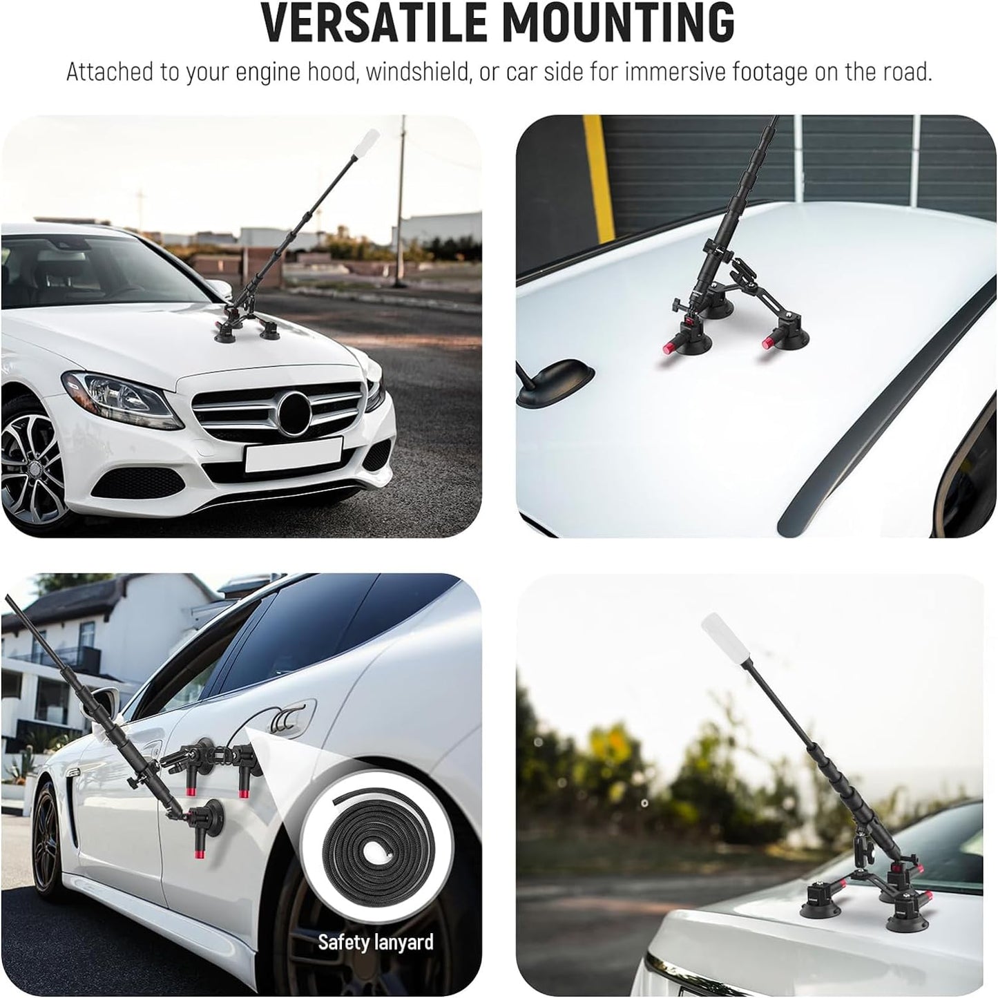 NEEWER Triple Suction Cup Car Mount Kit with 2in1 Extension Pole/Selfie Stick, Quick Release Outside Windshield Magic Arm Camera Mount with Action Camera Adapter Compatible with GoPro Insta360, CA065