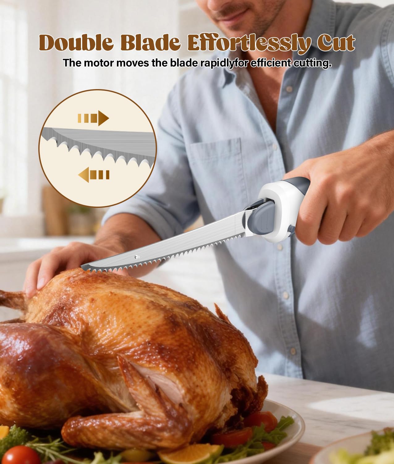 HK Cordless Electric Knife for Meat Slicing, 8V Electric Carving Knife for Fish, Bread, Turkey, Rechargeable Meat Cutter with Reciprocating Stainless Steel Blades, Safety Lock