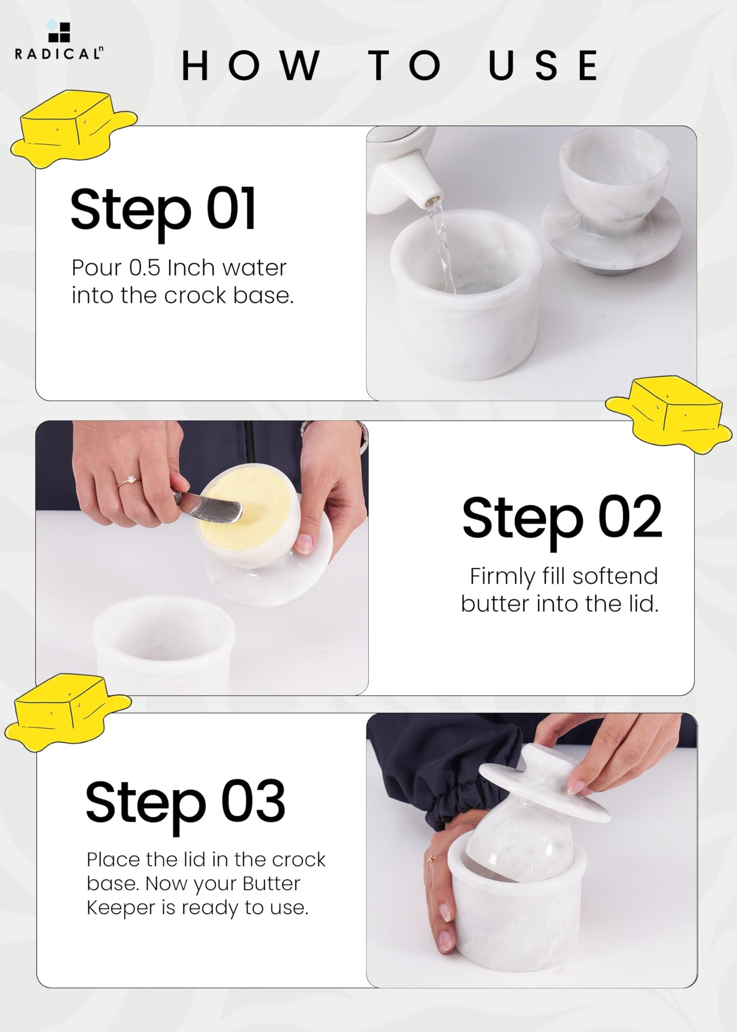 Radicaln Marble Butter Keeper White Cover Pot Handmade French Butter Storage - Crock Keeper for Kitchenware - Butter Dish