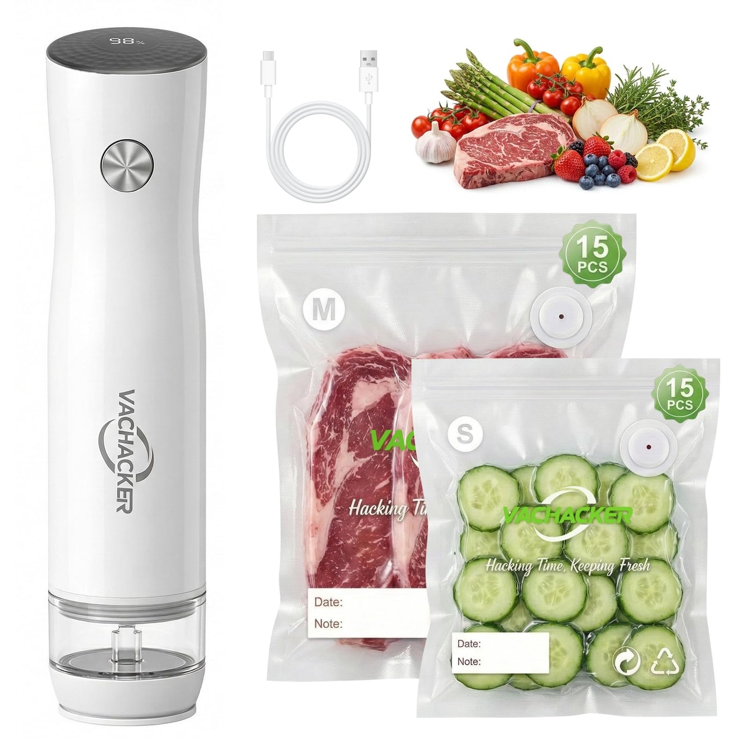 Vachacker Handheld Vacuum Sealer Kit for Food Storage - Compact Vacuum Sealer Machine with 30 Reusable Bags，Portable Rechargeable Food Saver for Sous Vide, Meal Prep & Freezer Storage