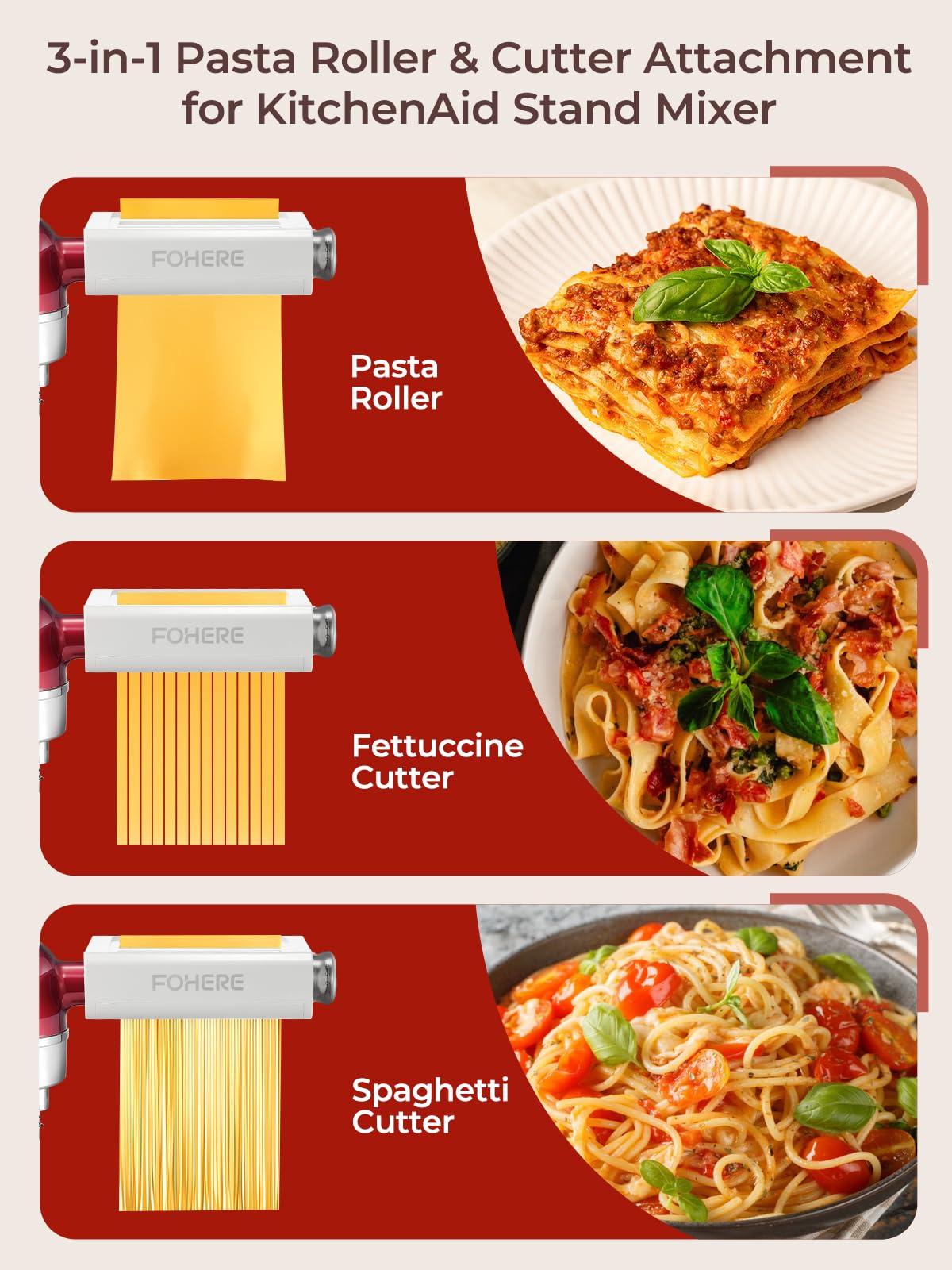 3 in 1 Pasta Maker for KitchenAid, Pasta Attachment Includes Pasta Sheet Roller, Spaghetti Cutter, Fettuccine Cutter, 7 Gears Adjustable Pasta Maker Accessories Pasta Roller & Cutter Set