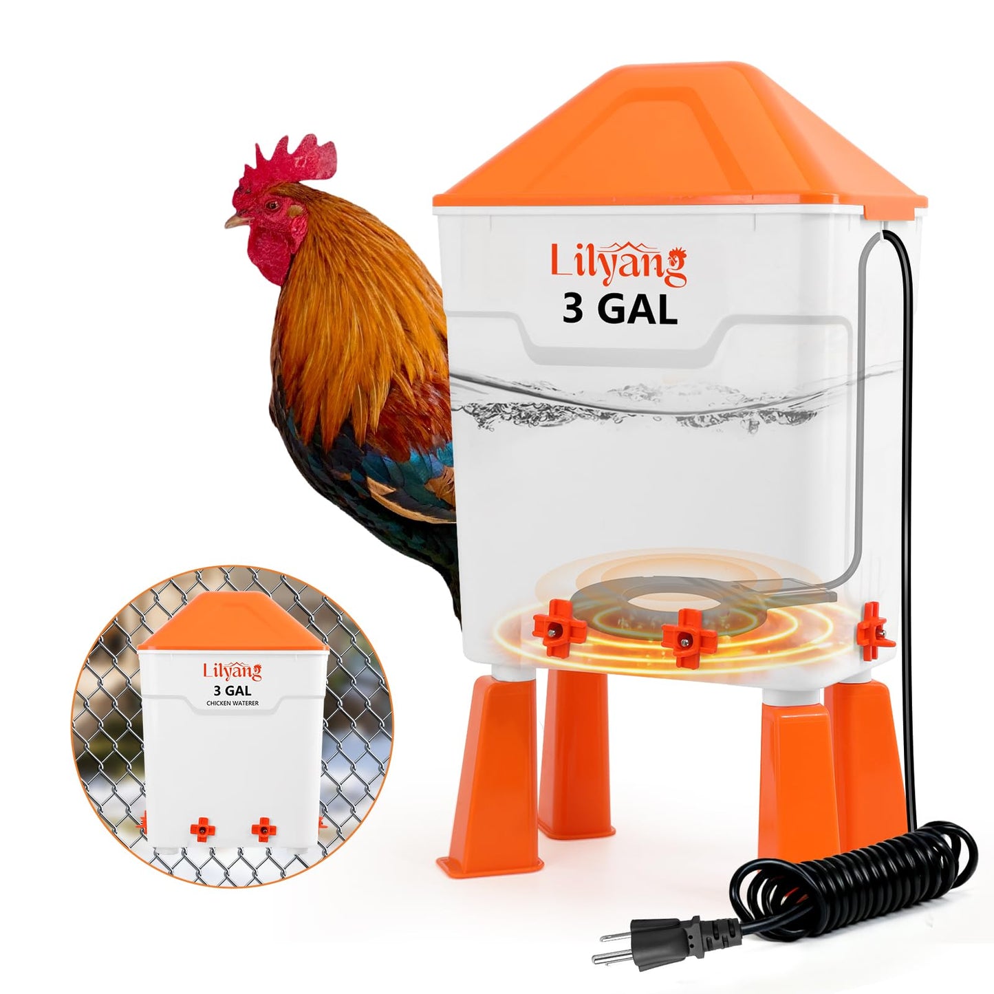 Lilyang Heated Chicken Waterer 3 Gallon, 250W Chicken Water Heater with Thermostat Control, Freeze-Proof Poultry Drinker for Winter, Hanging/Standing Use