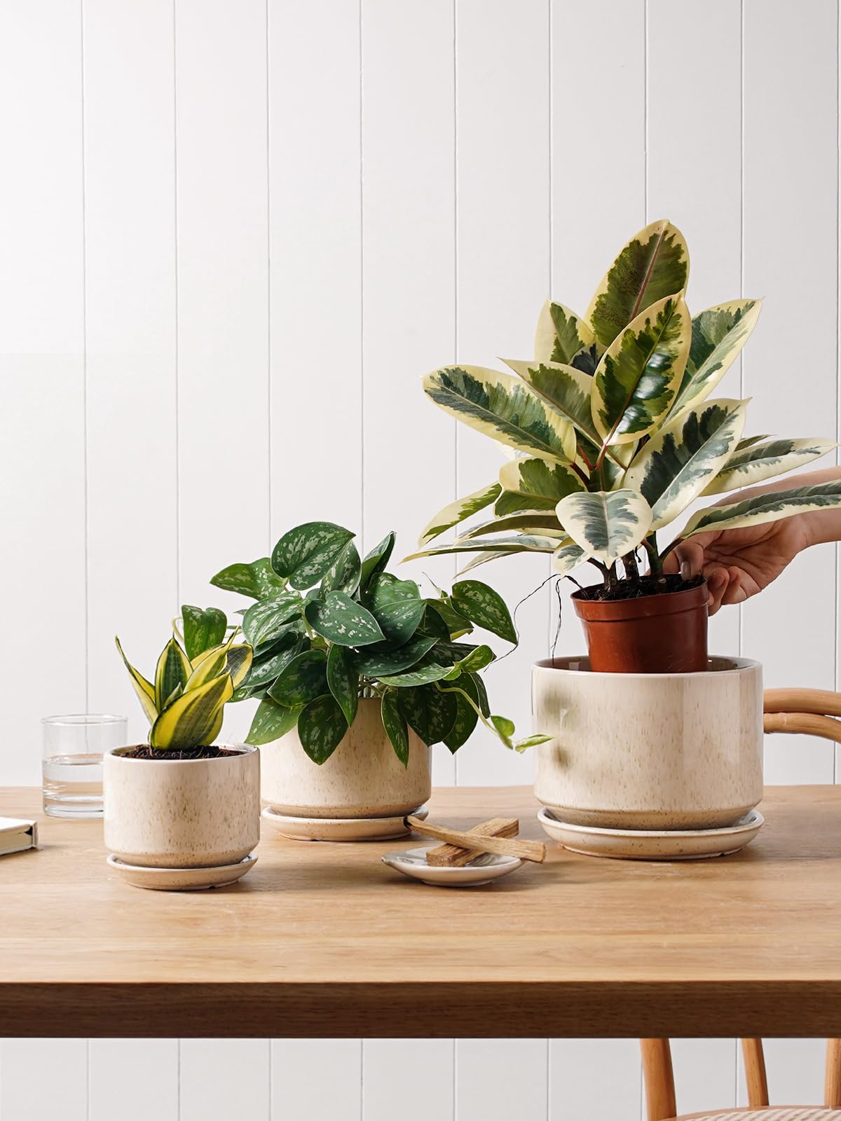 LE TAUCI Ceramic Plant Pots, Set of 3, 4.3+5.3+6.8 inch Plant Pots Indoor, Planters Pots with Drainage Hole & Saucer, Indoor Flower Pot with Mesh Pad, Pot Plante Interieur, Reactive Glaze Beige