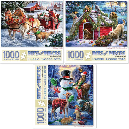 Bits and Pieces - Value Set of Three (3) 1000 Piece Jigsaw Puzzles for Adults - Each Puzzle Measures 20" x 27" (51cm x 69cm) - Winter Holiday Forest Animals Jigsaws by Artist Larry Jones