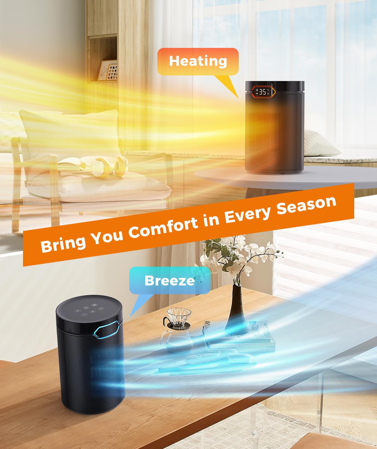 BREEZOME Space Heaters for Indoor Use, 1500W PTC Electric Heater for Bedroom, Portable Heater with Thermostat, 3 Modes & 24H Timer, Quiet Ceramic Desk Heater, Safety Room Heater for Home Office