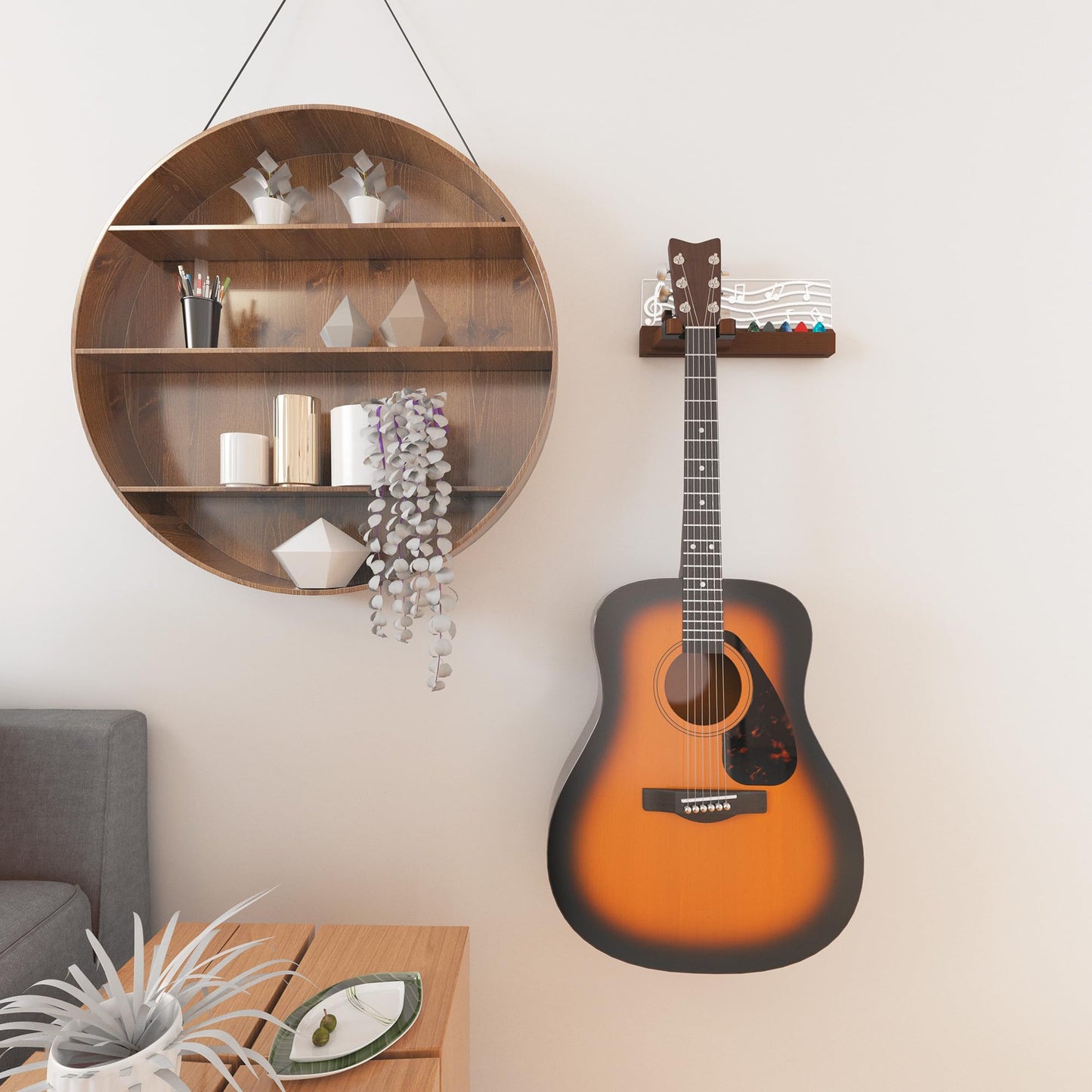 YuanDian Light Up Guitar Wall Mount with Pick Holder, LED Wooden Guitar Hanger USB Powered for Acoustic, Electric, Bass, Ukulele, Mandolin Display and Storage,Gifts for Guitar Players Men