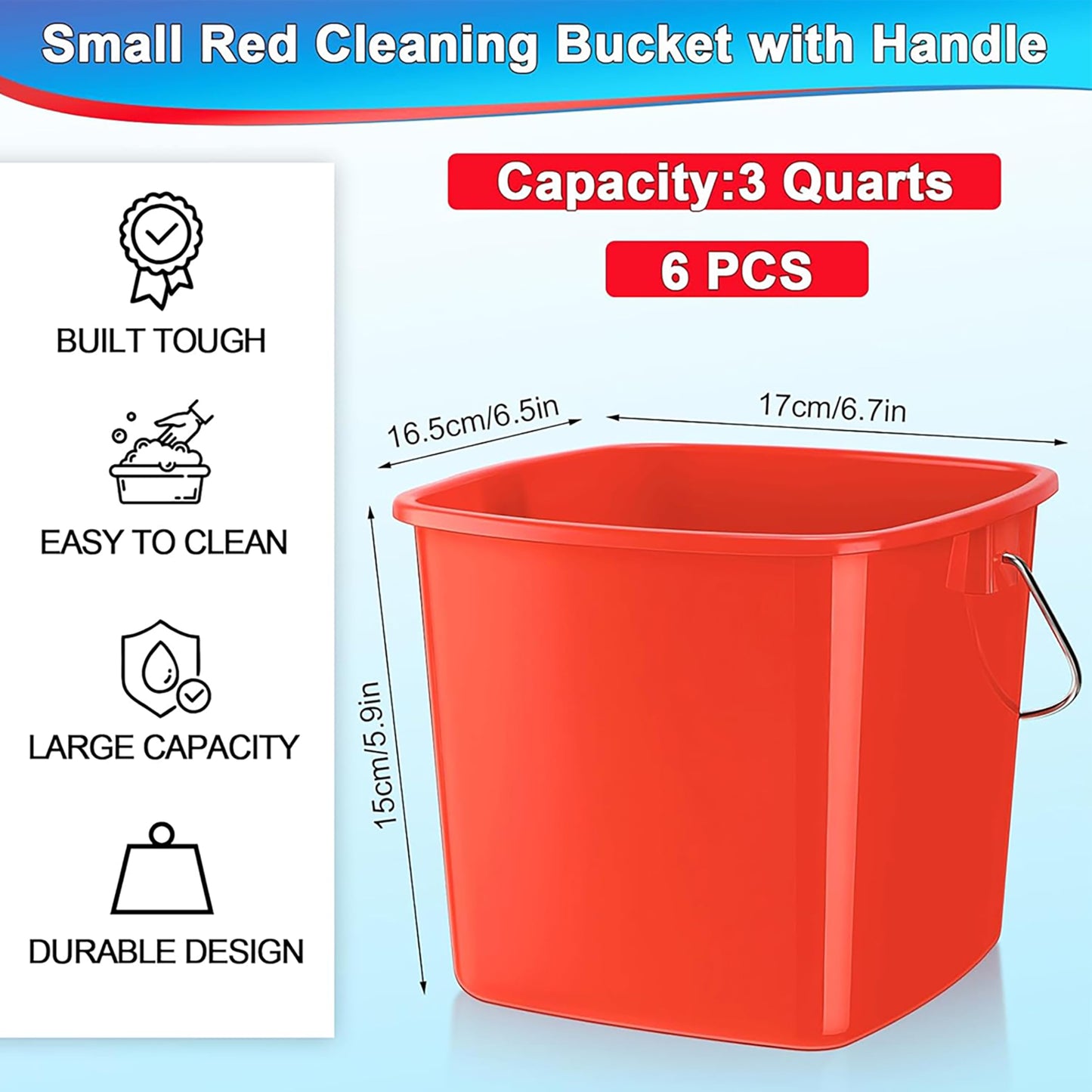 6 Pcs 3 Quart Small Square Plastic Cleaning Bucket with Handle - Red, for Home/Office/School/Commercial/Food Service Sanitizing