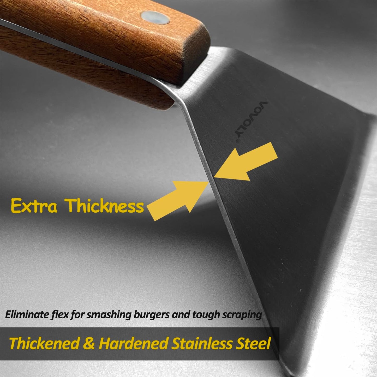 Vovoly Stainless Steel Spatula Set, Heavy Duty Grill Spatula with Full Tang Wooden Handle, Beveled Edges, Perfect for Cast Iron Griddle BBQ Flat Top Grill, Pancake, Burgers