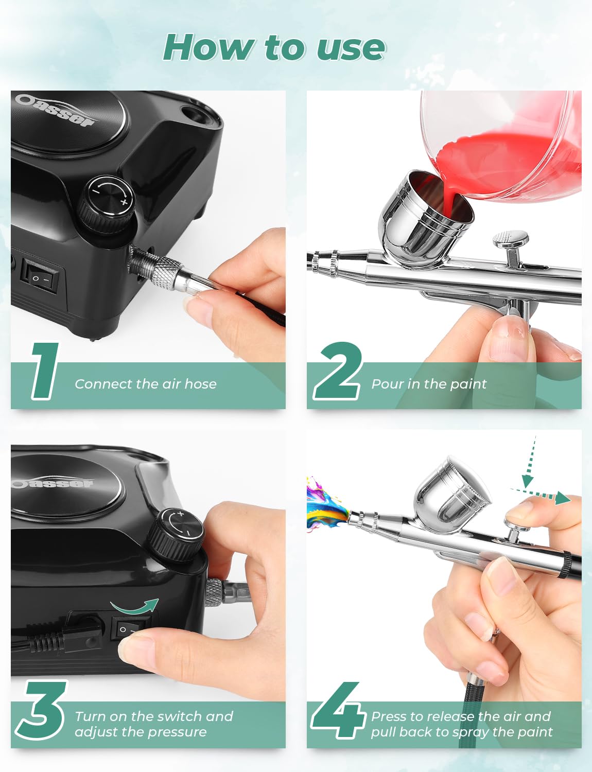 Oasser Airbrush Kit with Compressor Portable Dual-Action Airbrush Compressor Set Plug-in Stepless Pressure Adjustment for Painting Modeling Makeup Art Creation Suitable for Beginners Charcoal Black