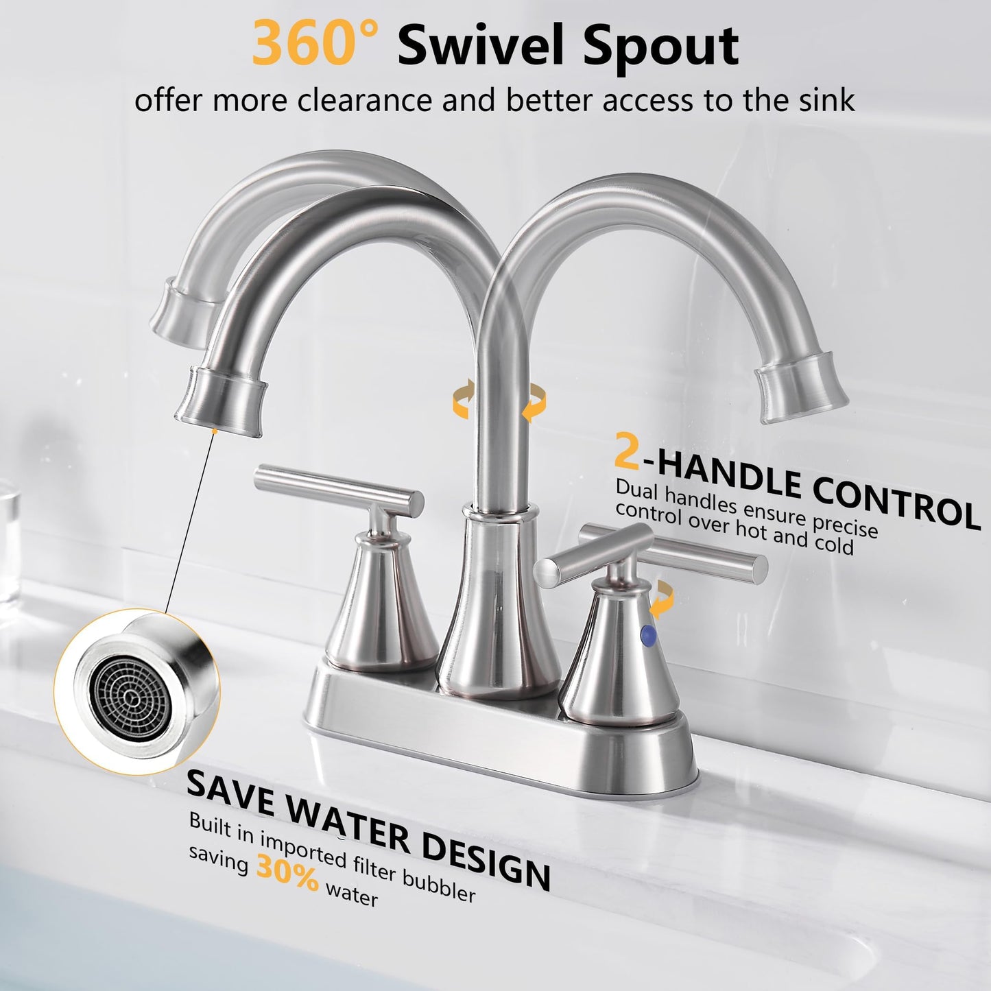 Fransiton Bathroom Sink Faucet 3 Hole 4 Inch Centerset, Brushed Nickel 2 Handle Lead-Free Modern Bathroom Faucet Vanity Faucet with Pop-up Drain Stopper and Supply Hoses
