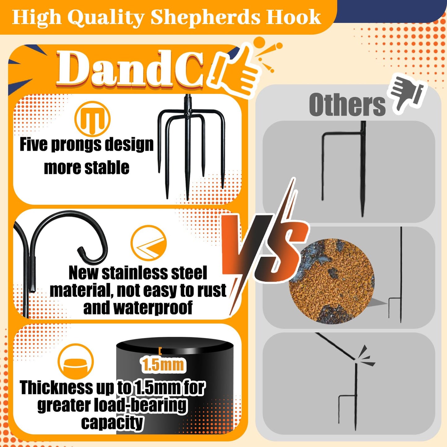 Heavy Double Shepherds Hook for Outdoor:60 Inches Garden Bird Feeder Pole with 5 Prongs, Adjustable Metal Bird Feeder Stand for Plant Solar Lights, poteau Pour Mangeoire Oiseaux (1, 60Inches)