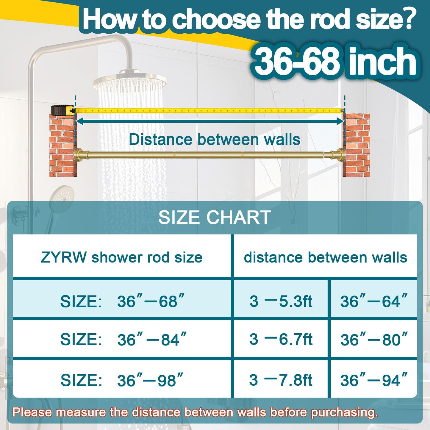 ZYRW Gold Shower Curtain Rod 36-68 Inch(3-5.6ft) Never Rust No Drilling Spring Tension Shower Rod, Adjustable Curtain Rod for Bathroom Window Closet