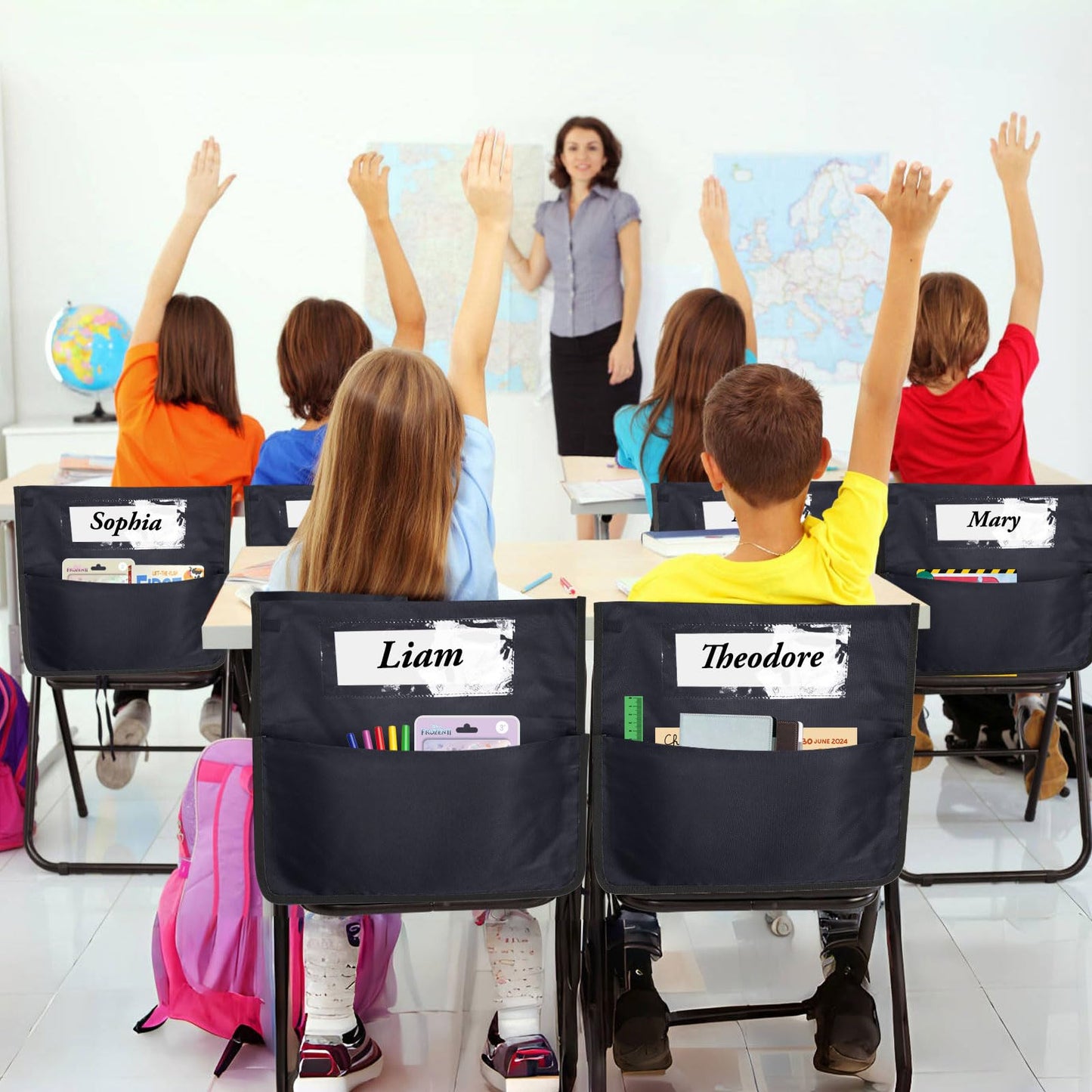 Chair Pockets for Classroom 15.6x18.5 Inch - 12 Pack Chairback Buddy Pocket Chart Seat Back Organizer Student Storage with Lable Slot for Classroom Kindergarten School Home, Black