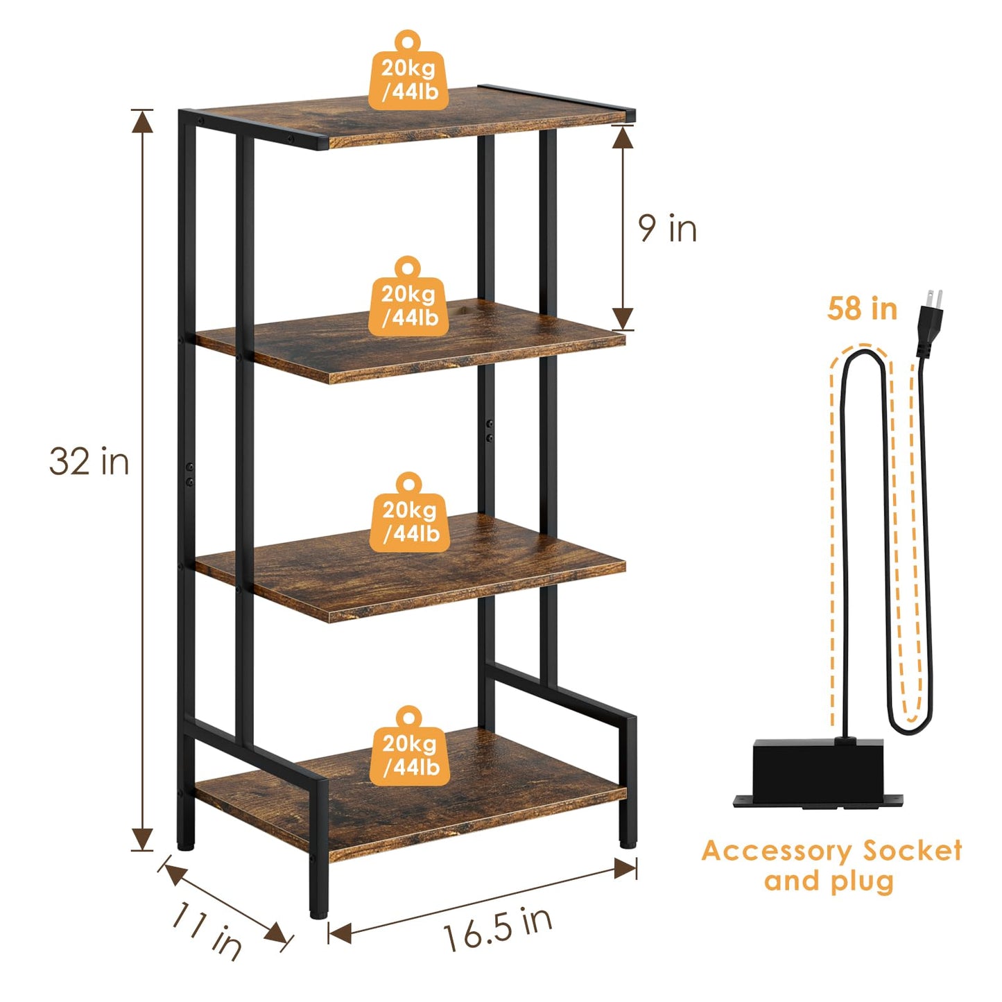 Arbuxzuy 4-Tier AV Media Stand with Power Outlet and LED Lights,Wooden Stereo Stand Cabinet,Game Console Shelf for Small Space,Audio Rack Stand Tower Ideal for Video DVD Players,Xbox