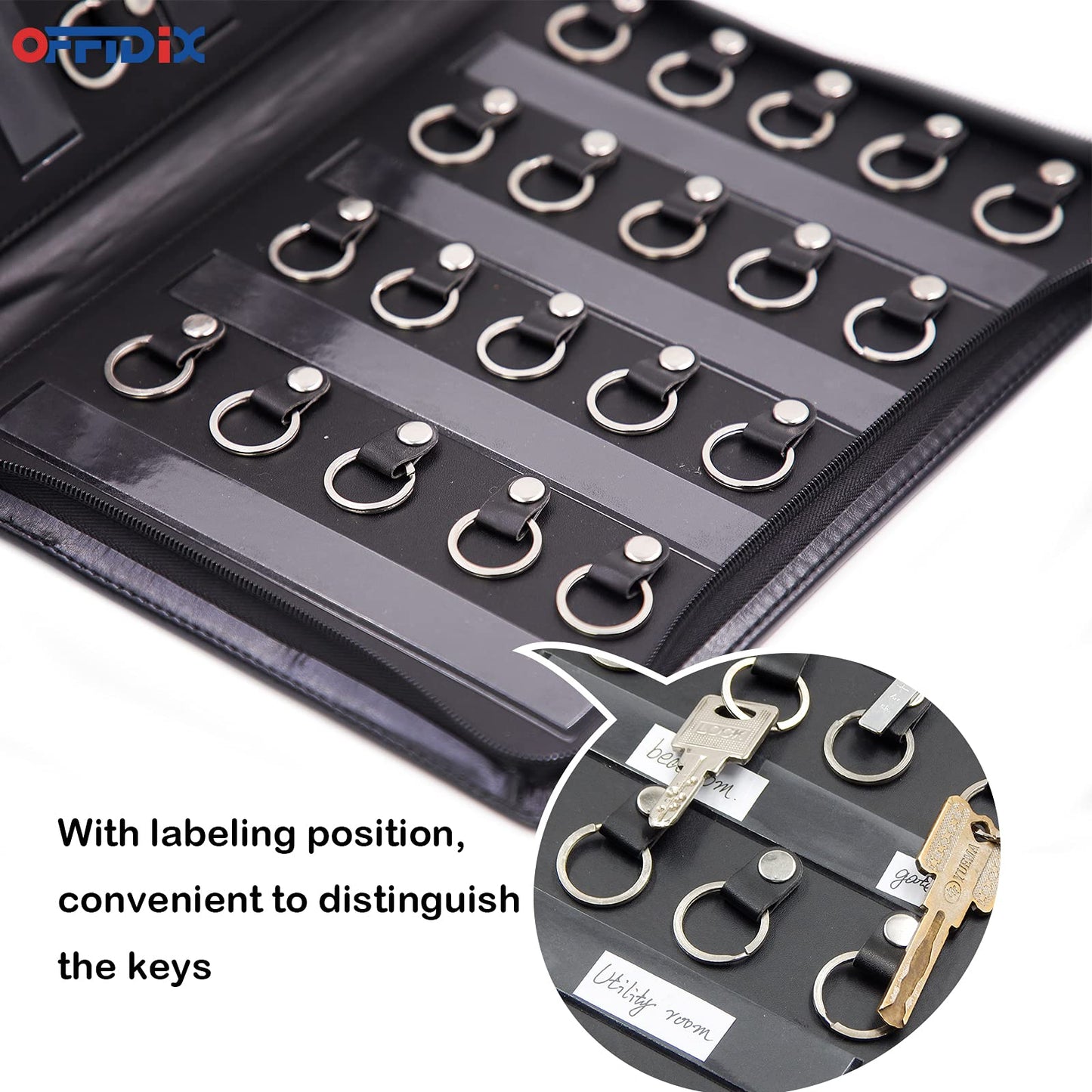 OFFIDIX Large Zippered Key Case,Leather Portable Key Cabinet, 40 Key Hooks Key Organizer,Manager & Landlord Key Holder,Suitable for Real Estate Sales,Hotel Executives, Car Service