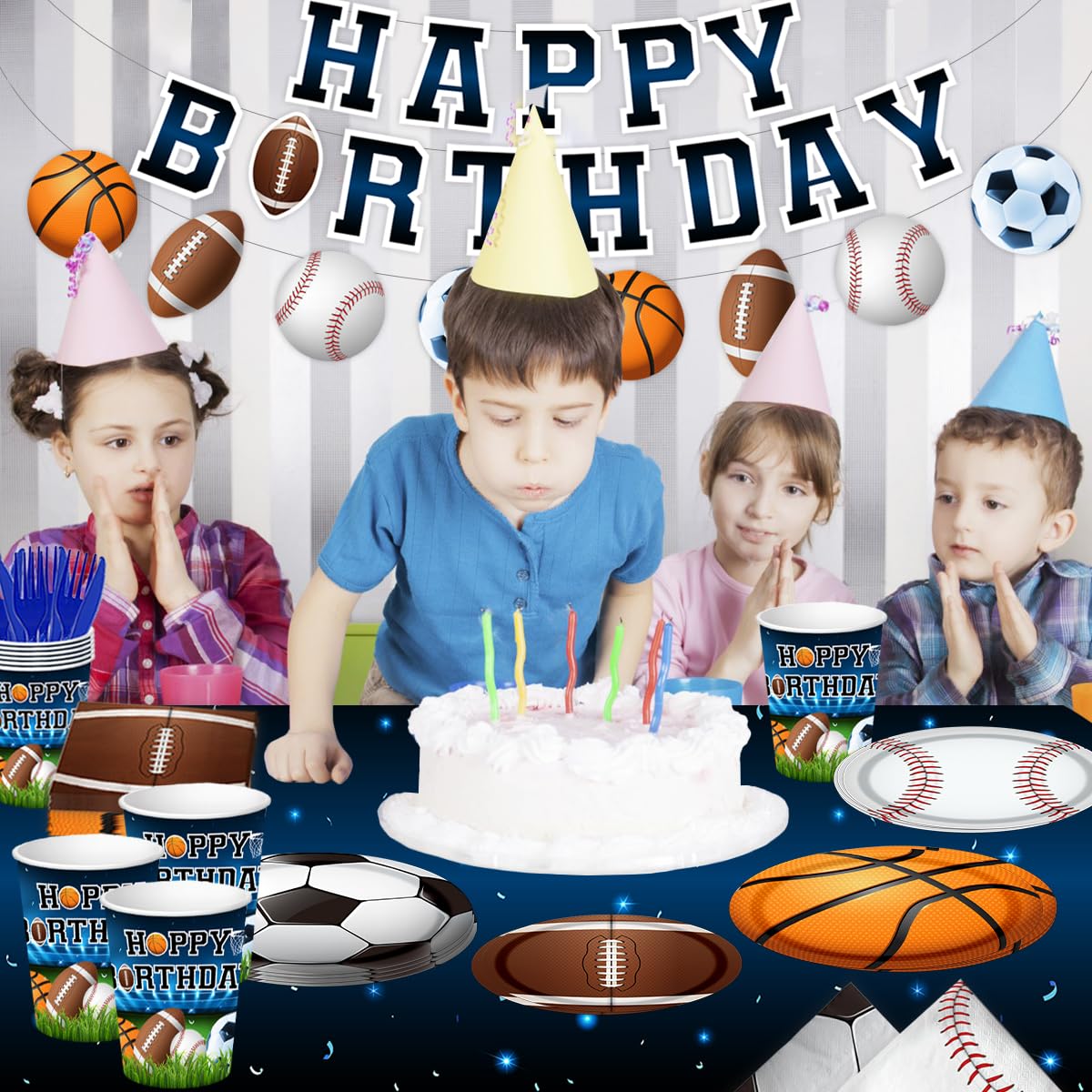 CMUSKO Sports Birthday Party Decorations - 142Pcs Sports Theme Plates and Napkins Kit - All Star Basketball, Football, Baseball, Soccer - Serves 20 Guests - Red Balls Pattern