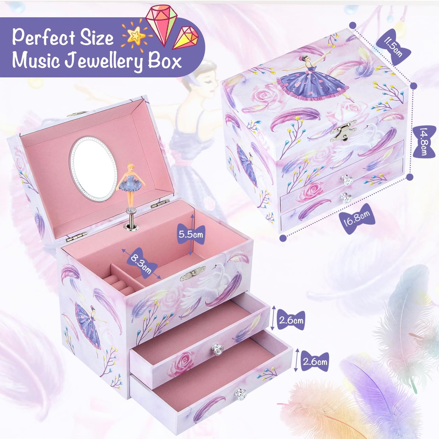 Homtibrm Musical Jewellery Box For Girls - Large Kids Jewellery Music Box with 2 Pullout Drawers & Unicorn Jewellery Set, Great Birthday Gifts for Girls Christmas Gifts (Pink Ballerina)