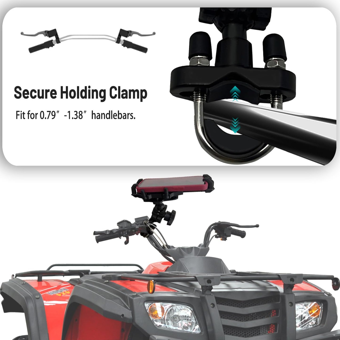 QYMOTO ATV Cell Phone Holder,Motorcycle Phone Mount Anti Vibration Handlebar Mount 360 Cellphone Holder Clamp Compatiable with Polaris Can am CFMOTO Fits for iPhone Samsung Google All 2.5-6.93" Phones