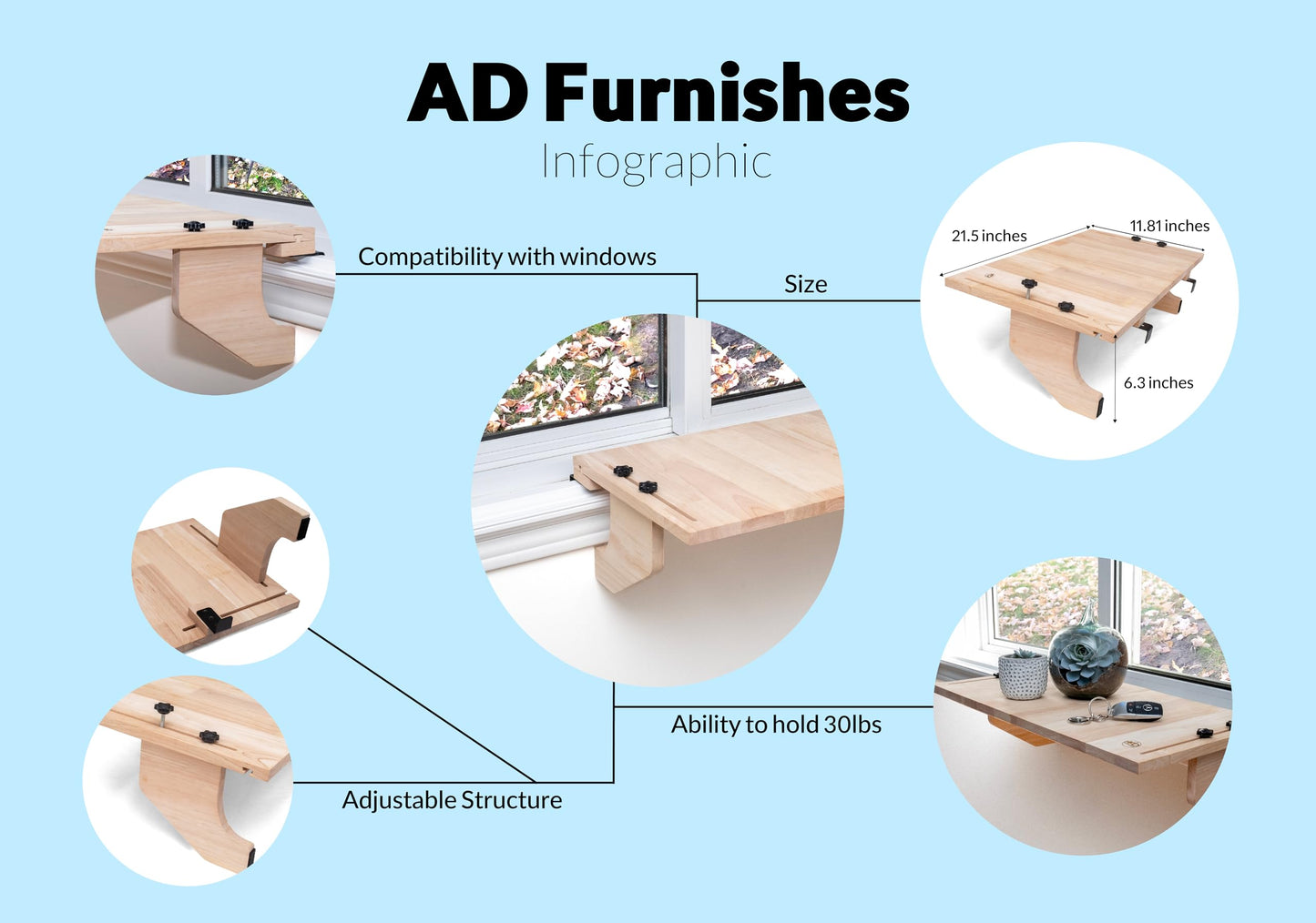 AD Furnishes Original SillMate Window Plant Shelf, 21.25" Sill Shelf for Plants - Verify Sizing First - Cat Perch - Renter Friendly No Drilling/Damage - Sill Extender for Plants - Window Table