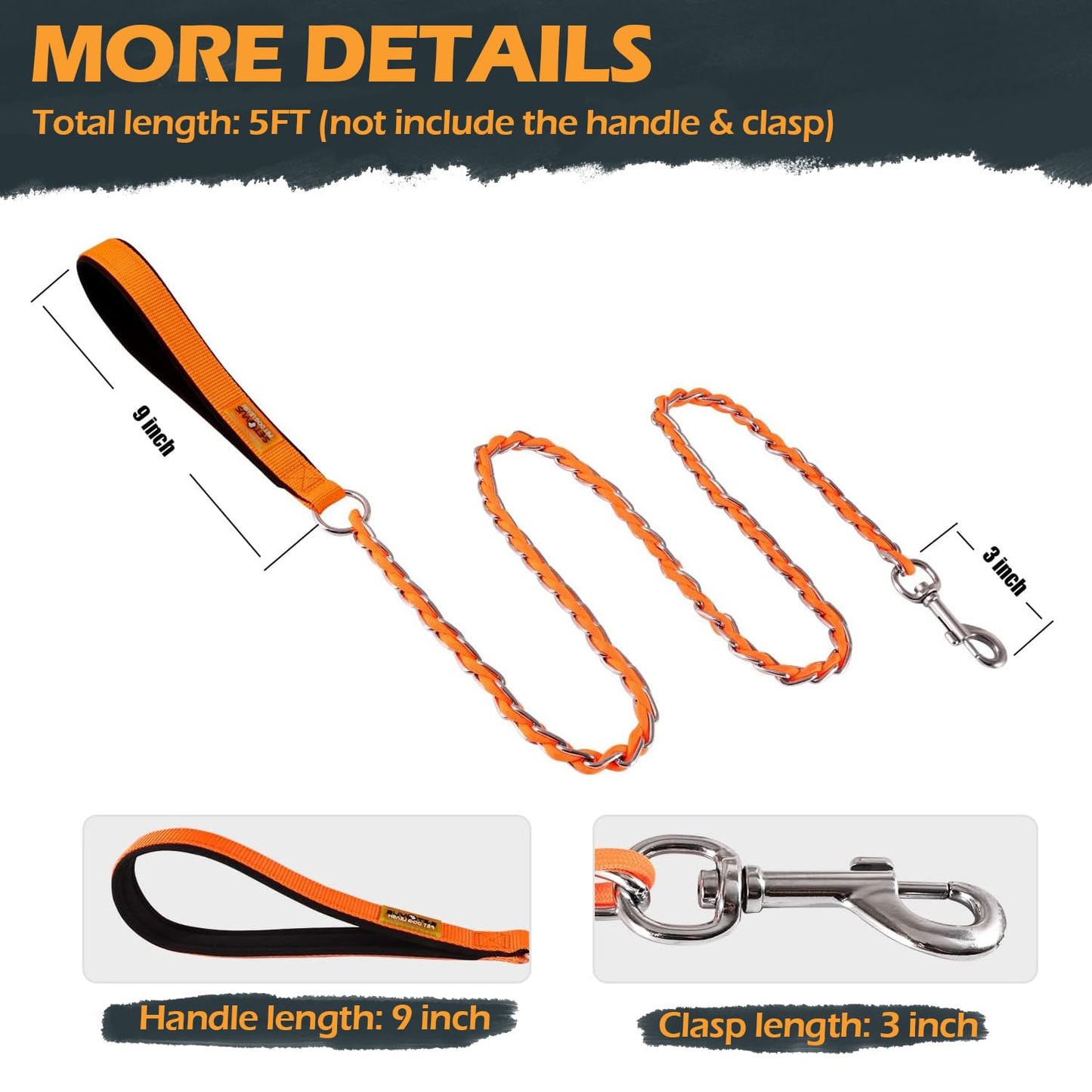 Chew Proof Metal Leash Chain Dog Leash for Medium Large Dogs, Chain Link Dog Leash Anti Chew 5FT Strong Anti Bite Dog Leash Comfortable Soft Padded Handle Orange