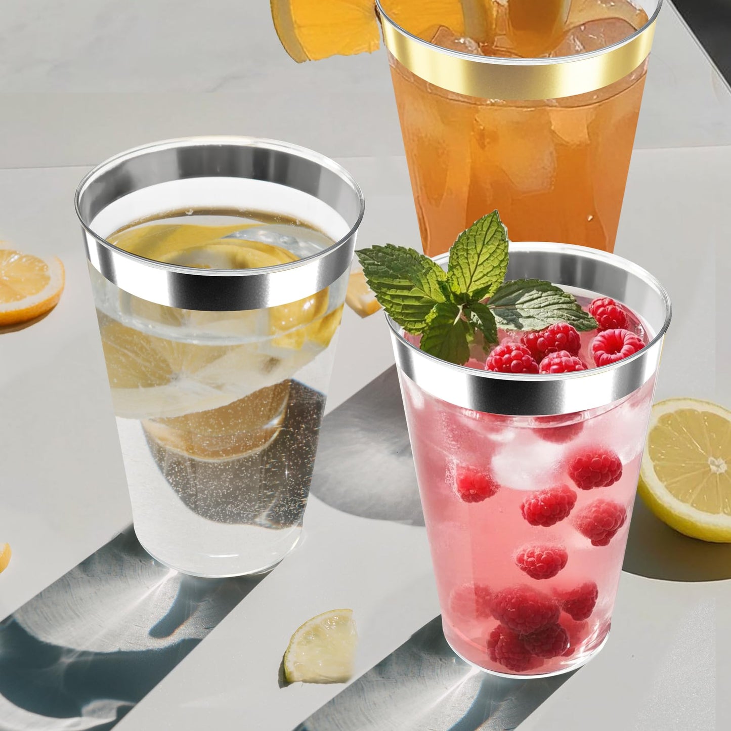 Byvivace [200 Pack 12oz Clear Plastic Cups with Silver Rimmed Sturdy & Food Safe Disposable Wine Glasses Party Cups Wedding Cups Disposable Drinking Cups for Wine, Juice, Cocktails and Cold Beverages