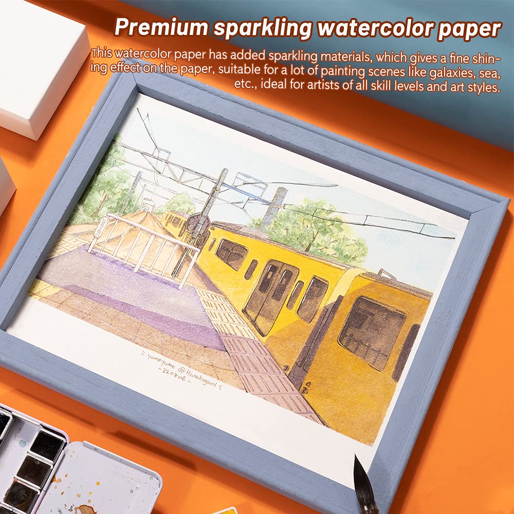 2 Pack of Paul Rubens Hand-made Watercolor Paper Cold Press, 100% Cotton Rag with Glitter Sparkling Effect, Acid-Free Paper 140lb/300gsm, 10.63“ x 7.67” for Wet & Dry Mixed Media, 20 Sheets * 2