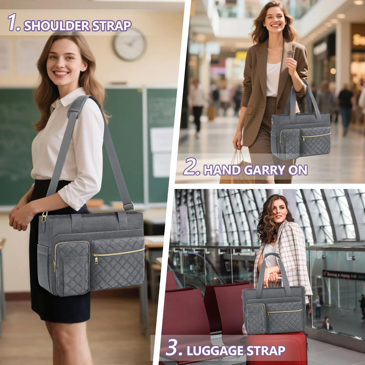 SDYSM Teacher Tote Bag for Women 15.6 inch Laptop Bag Work Bags Nurse Tote Professional Computer Messenger Shoulder Bags Laptop Briefcase for Office, College, Nursing,Grey
