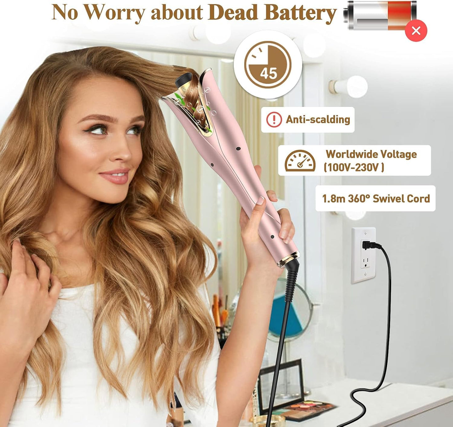 Automatic Curling Iron 1 Inch, Smart Anti-Tangle Automatic Hair Curler with 3 Temperature to 430°F, Ceramic Curling Wand, 500 Million Ionic, Dual Voltage Rotating Curling Iron for Travel, Pink