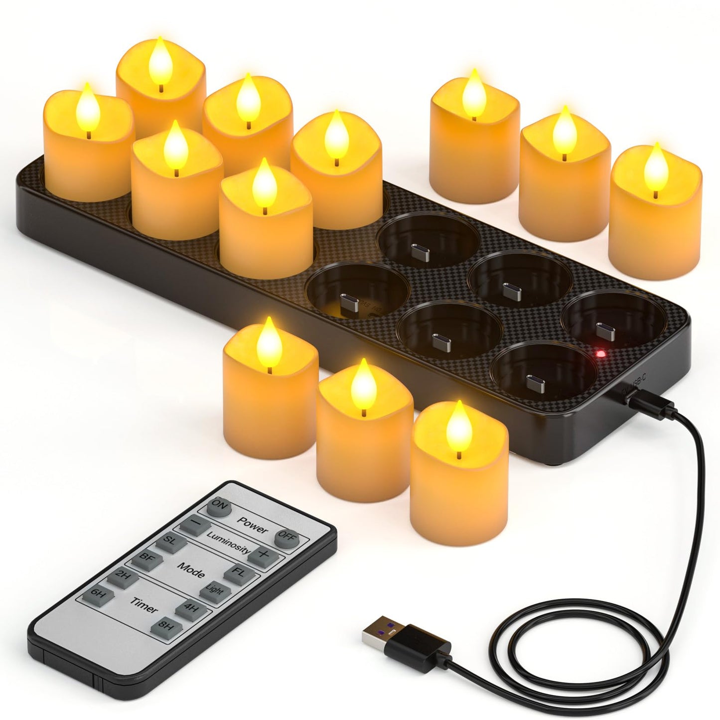 Yme Rechargeable Tea Lights Candles with Charger Storage Base, 12 Pack Battery Operated LED Flameless Votive Candles with Remote Timer for General Fireplace Halloween Pumpkins Christmas Party Decor