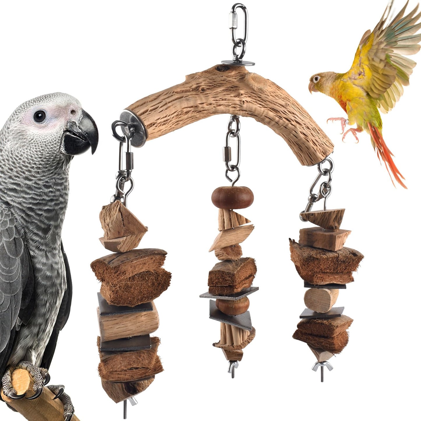 DBNESS Large Bird Parrot Toys, Birds Wooden Chew Blocks with Stainless Steel Cage Hanging Bite Toy for Macaws, African Greys, Cokatoos, Amazon Parrots and Small Medium Parakeets