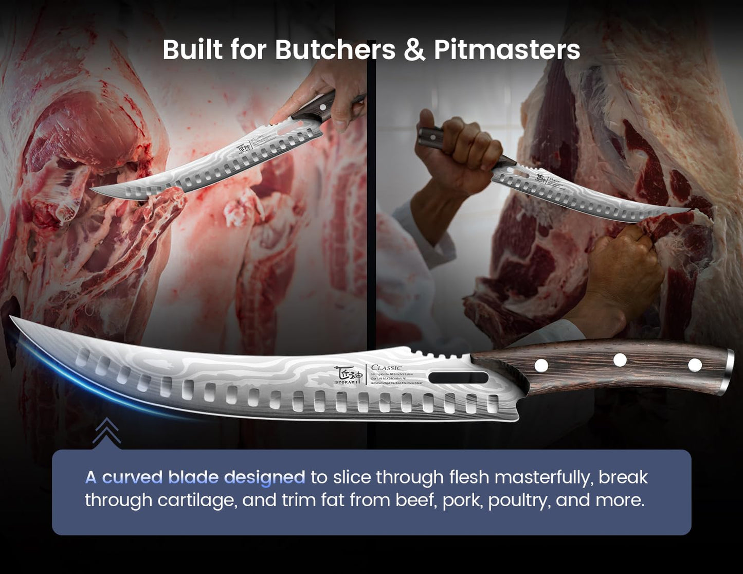 SYOKAMI Butcher Knife, 10.5 Inch High Carbon Japanese Style Carving Knife with Wood Full Tang Handle, Damascus Pattern, Razor Sharp Breaking Knife with Gift Box Ideal for Thanksgiving Day, BBQ