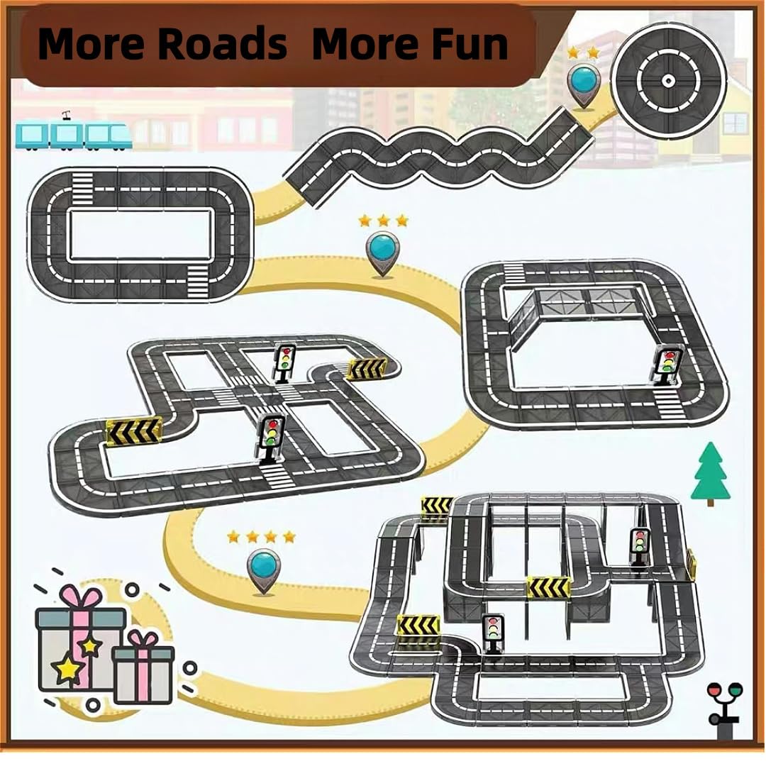 Magnetic Tiles Road Set for Kids, 41 PCS Magnetic Building Blocks with Car Toys, Construction Magnetic Blocks Toys, Boys Gifts