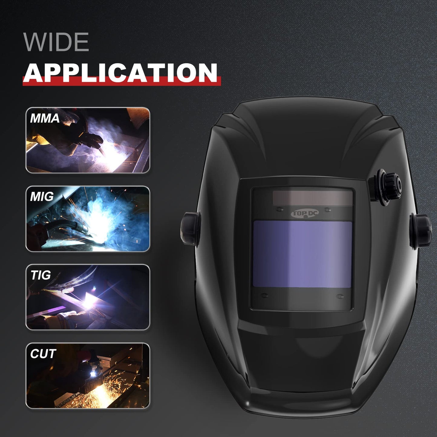 TOPDC Large Viewing Screen 3.93'X2.63' Solar Power Auto Darkening Welding Helmet with Optical Class 1/1/1/2, Shade Range 4/5-9/9-13 with Grinding Feature for TIG MIG MMA Plasma