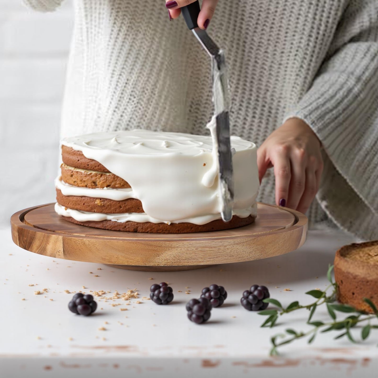 Glass Cake Stand with Dome Lid, 12" Rotating Acacia Wood Cake Plate with Lid, Includes 2 Extra Cake Boards, Round Cake Holder for Wedding, Birthdays, Party Display, Charcuterie Tray