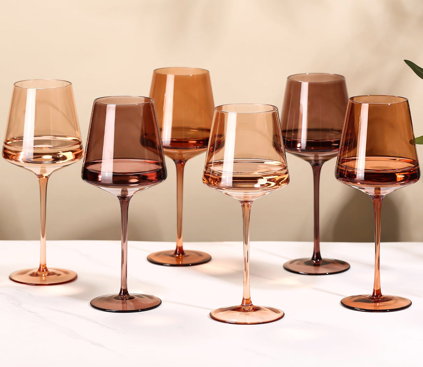 Venus Wine Glasses Set of 6-18oz【Hand Blown】 Crystal Amber Stemmed Wine Glasses-Brown Wine Glass Set for Fall Autumn Winter Wine Dinner