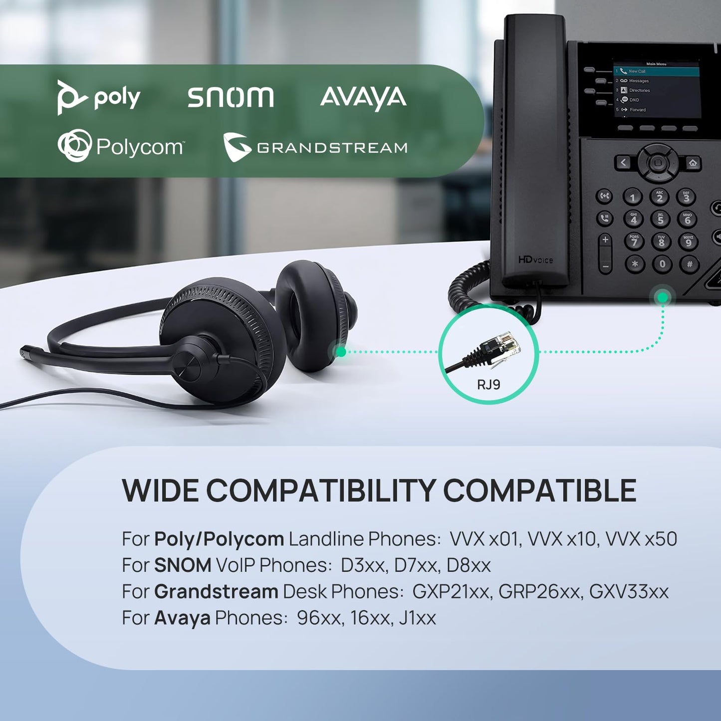 Yealink Phone Headsets for Office Phones YHS34 QD to RJ9 Wired Headset Compatible with Poly Avaya Snom Phones Desk Landline Headset with Microphone -Dual/72g/2.1m Cable