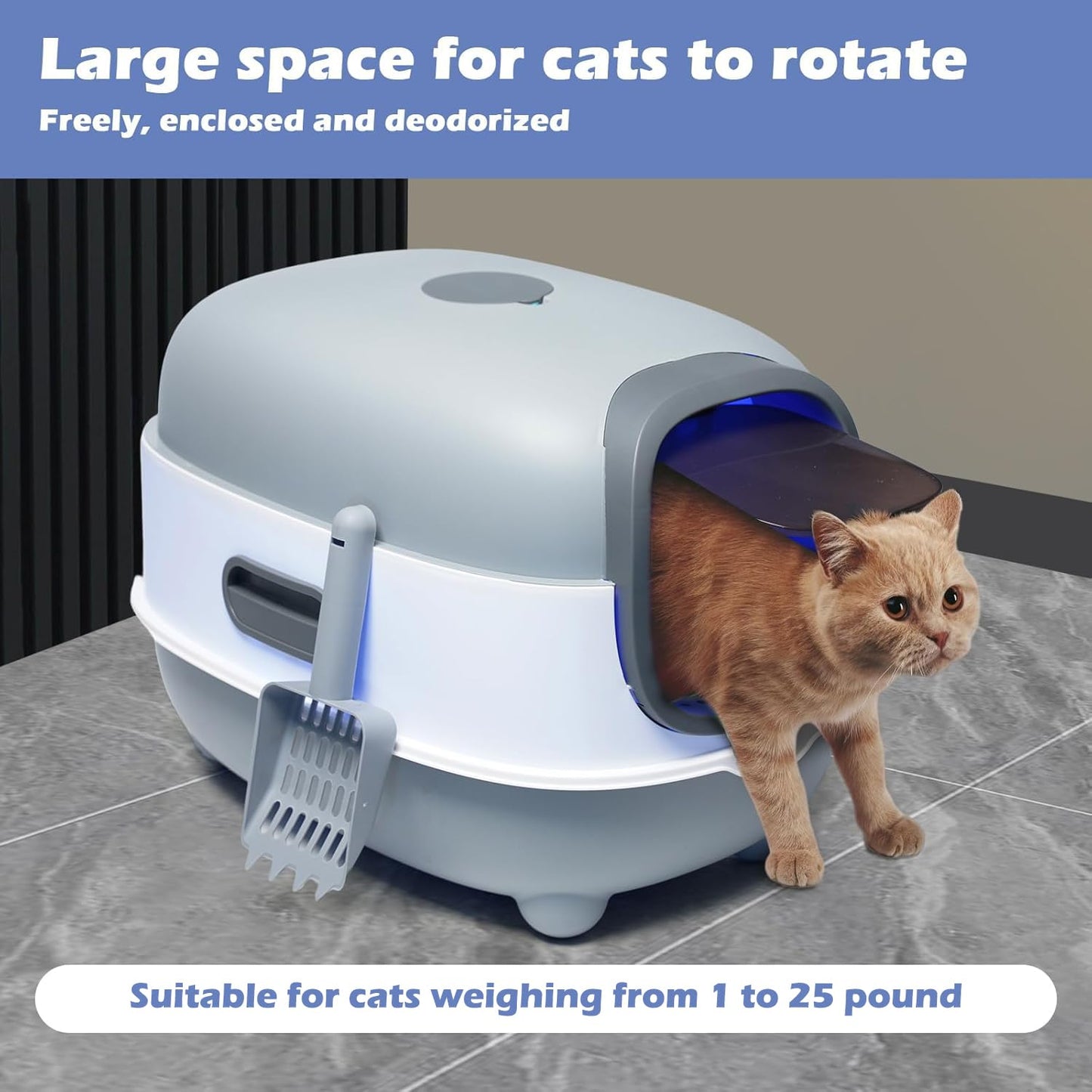 Ultra Large Fully Enclosed Cat Litter Box,Self Cleaning Cat Litter Tray for Cats with Automatic Anti-Sand Cage,Easy to Clean,Deodorize,Splash Proof Litter Box with Lid,55x38x36cm (Grey)