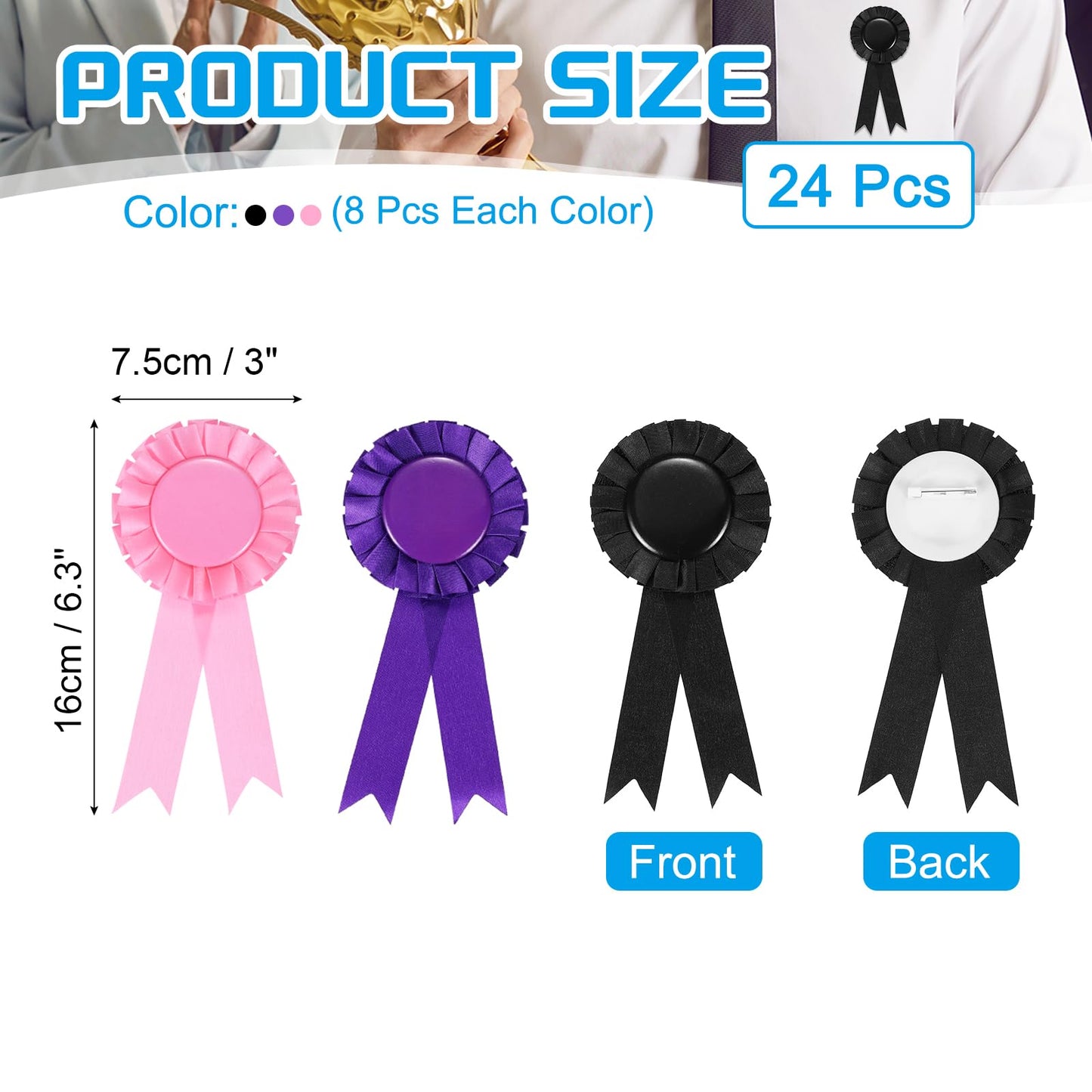PATIKIL 24 Pcs Award Ribbons, 1st, 2nd, 3rd Place Winner Recognition Ribbon Blank Prize Ribbons Participation Medal Ribbons for Competition Sports Event, Purple, Pink, Black
