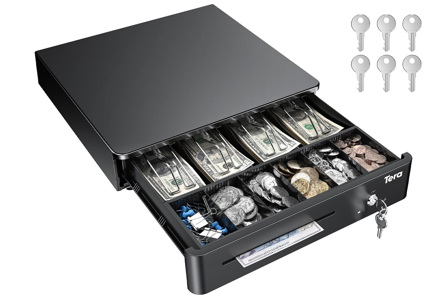 Tera 13" Auto Open Cash Register Drawer Heavy Duty with Fully Removable Insert Tray 5 Keys 4 Bill 6 Coin Media Slot 24V RJ12 Key-Lock (Round Corner) for Point of Sale (POS) System Small Business 330R