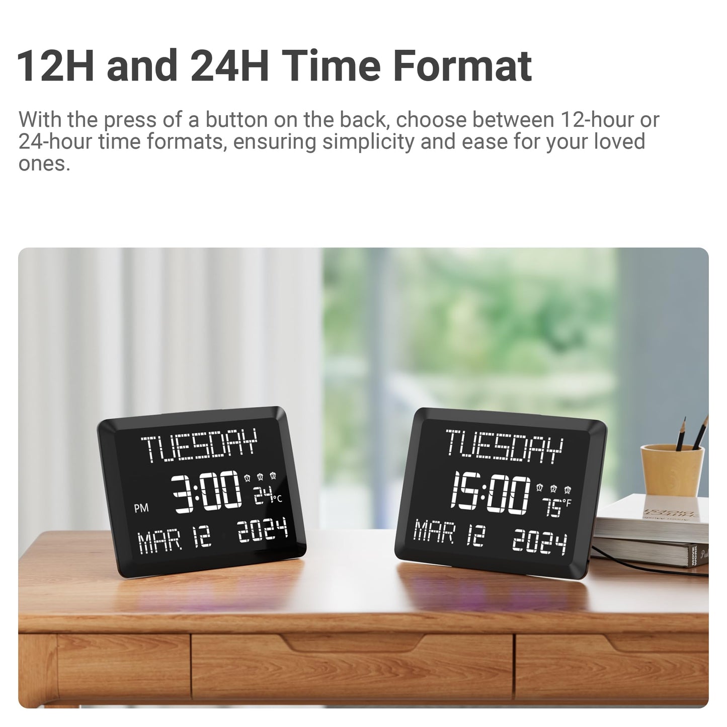 11.5" Large Digital Clock for Seniors, Dementia Clock with Temperature/Date/Week,3 Alarms,5 Dimmer,15 Volume,Battery Backup,Calendar Clock for Living Room Home Office Elderly