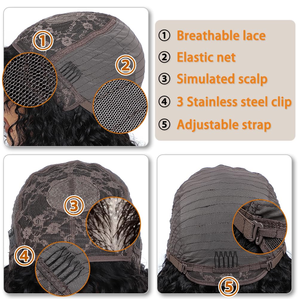 ALISFEEL Short Water Wave Human Hair Wig with Bangs Brazilian Non Lace Front Wig Human Hair for Black Women 150% Density Natural Black Glueless Curly Bob Wigs with Bangs (12 Inch)