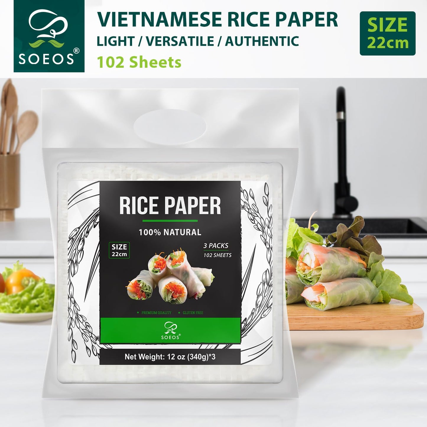 Soeos Rice Paper, White Rice Paper Wrappers, 3 Pack, 102 Sheets-Fresh Spring Roll Wrappers & Dumplings, Non-GMO, Gluten-Free, Low Carb, Vietnamese Rice Wraps (Square, 22cm)