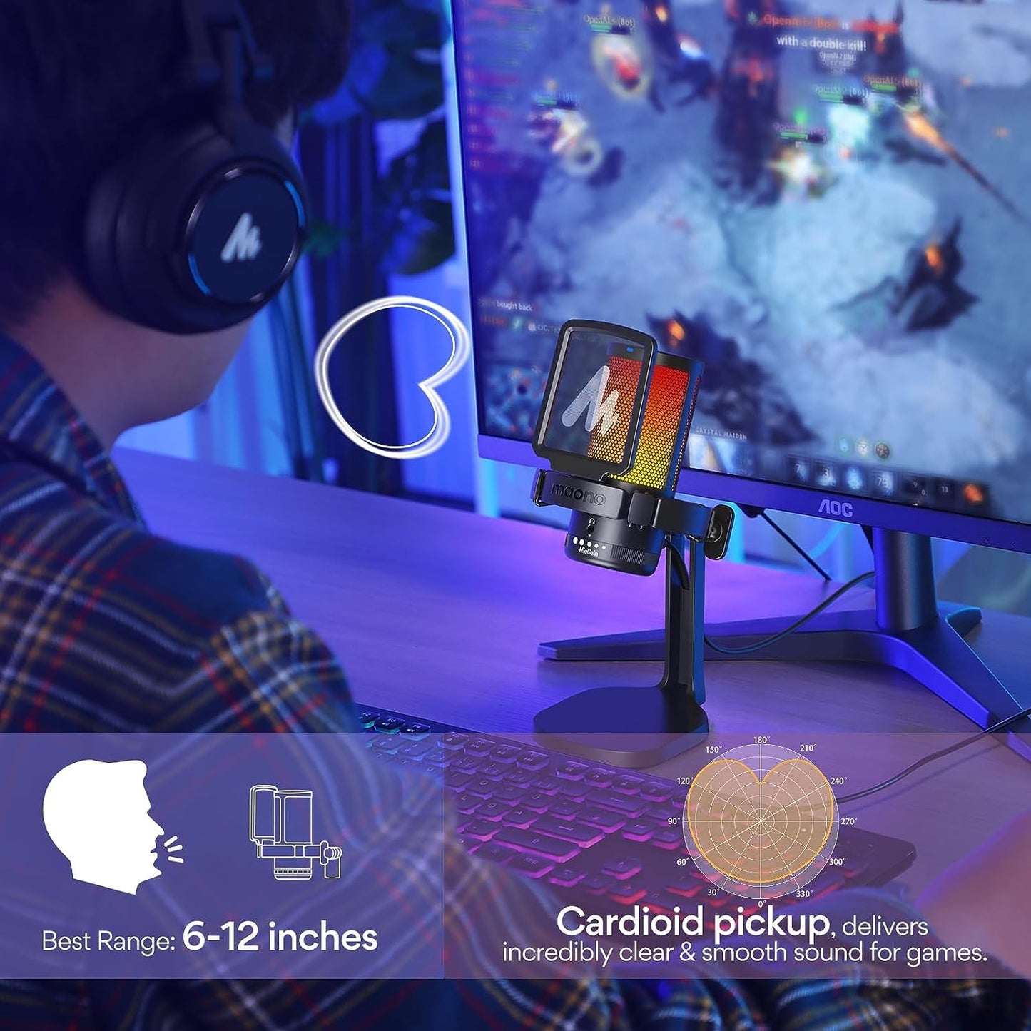MAONO USB Gaming Microphone for PC, Noise Cancellation Condenser Mic with RGB Lights, Mute, Gain for Streaming, Recording, Podcast, Chat, Twitch, YouTube, Discord, Computer, PS5, PS4, DGM20 Black