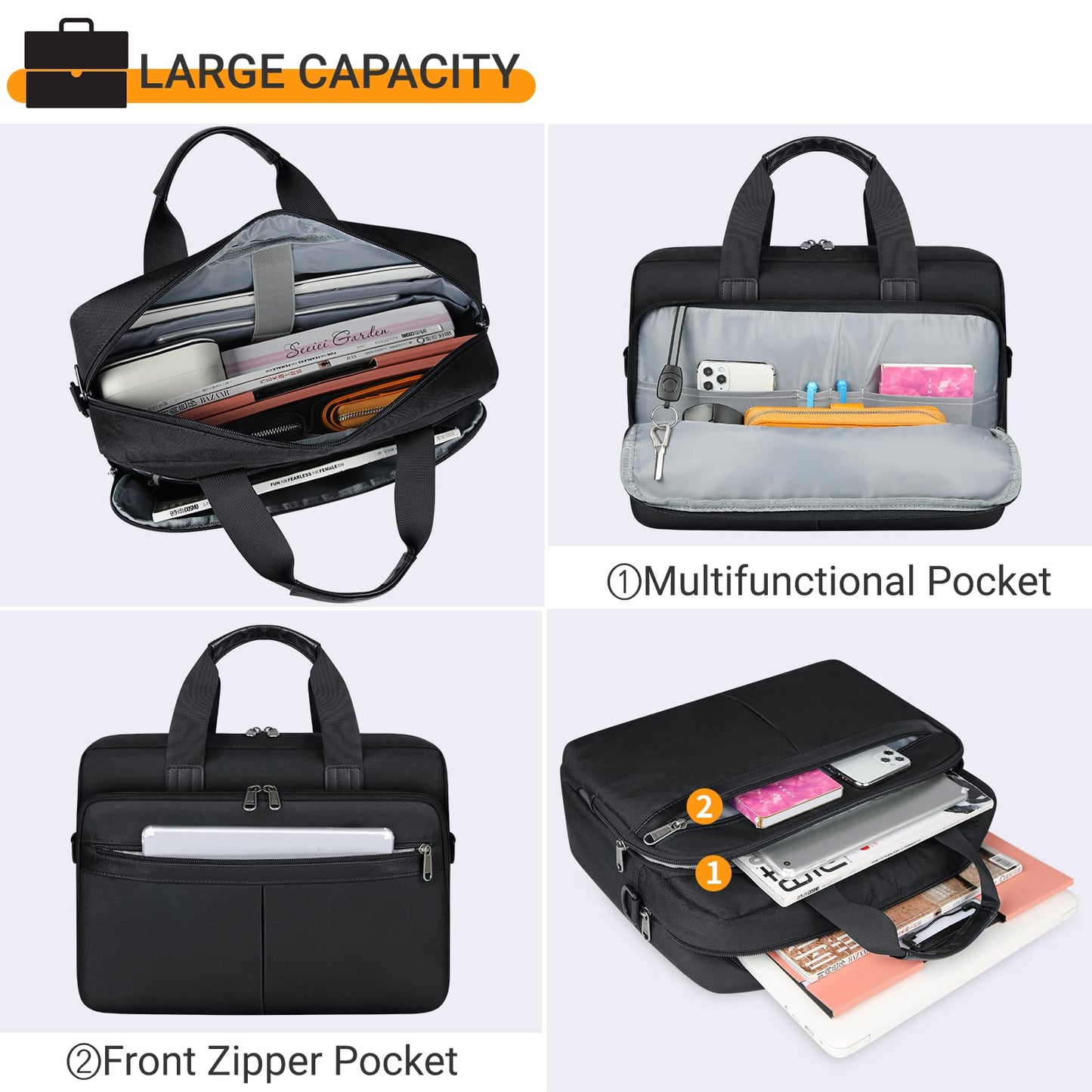Laptop Bag 17 Inch Waterproof Briefcase for Men Large Laptop Carrying Case Computer Messenger Bag for Work Business Travel, Black