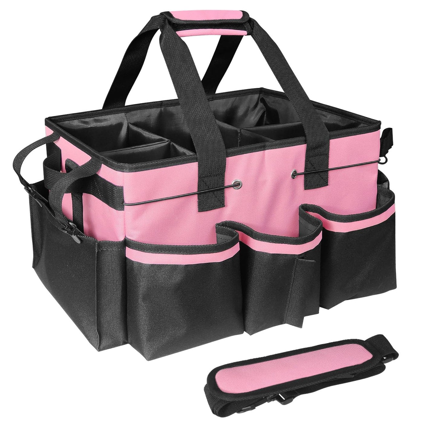 BOHEMIABY Cleaning Bags for Housekeepers, Large Cleaning Supplies Organizer with Handles & Shoulder Strap, Cleaning Caddy Bag with Foldable Divider for Cleaners, Car Horse Clean Bag (Pink)