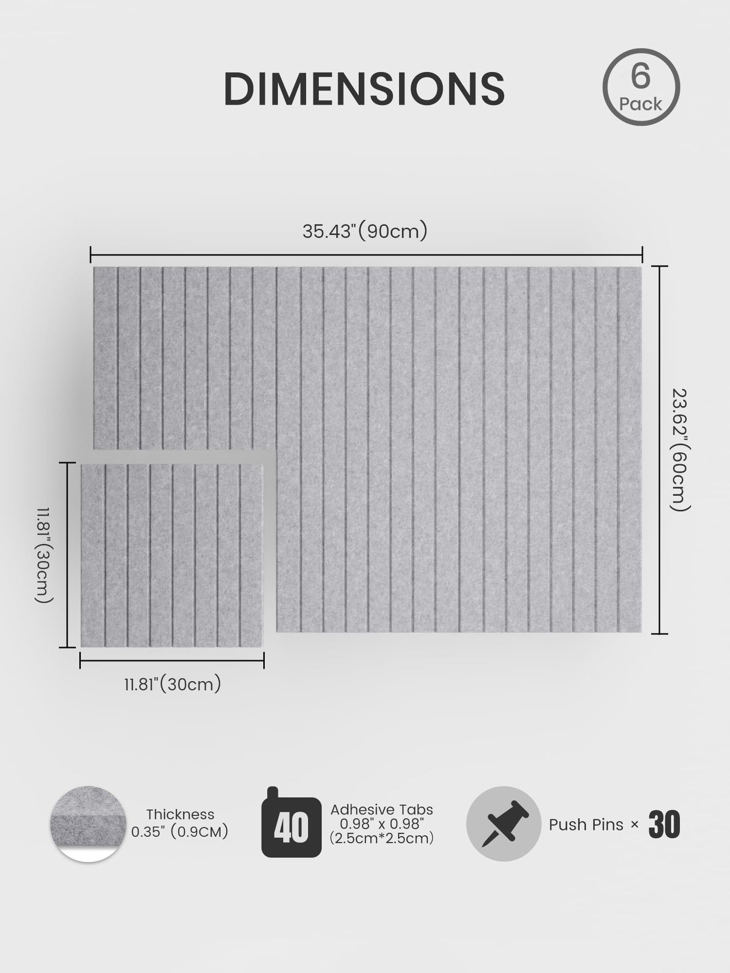 Bumusty Large Felt Bulletin Board, Cork Board Alternative, 6-Pack Fine Stripe Felt Wall Tiles with 30 Push Pins and 40 Adhesive Tabs, Ideal for Office, Home & Classroom, Soft Gray